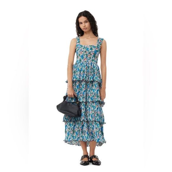 NWT GANNI Pleated Georgette Smock Midi Dress In Color 228 Floral Azure Blue XS
